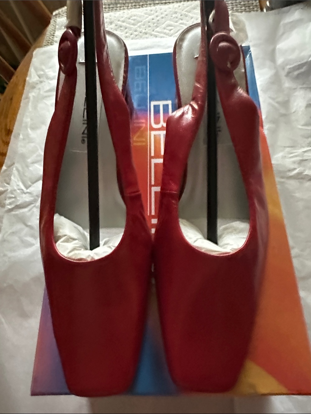 Bellini Red Square-Toe Slingback Flats with Button Strap